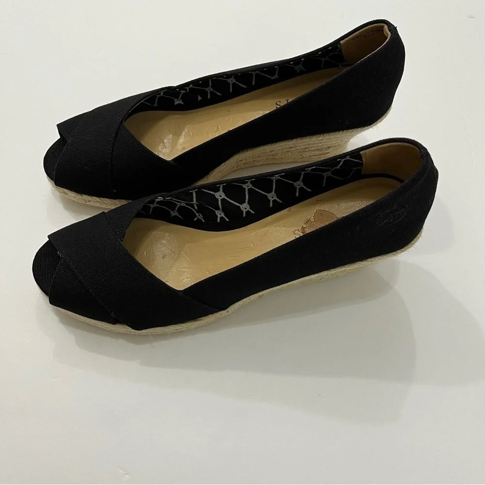 Talbots Black Slip On Espadrille Wedge Jute Shoe